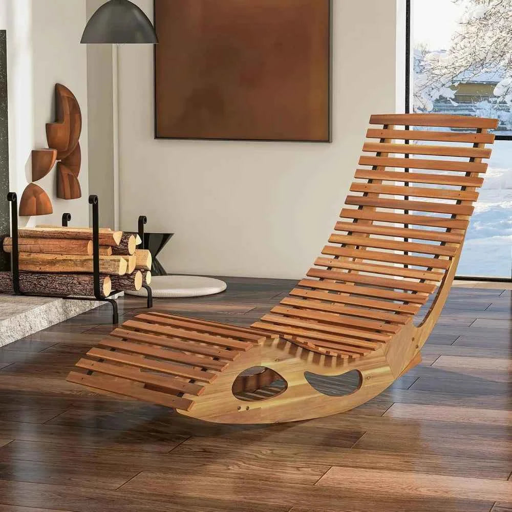 Outdoor Acacia Wood Chaise Lounge, Rocking Chair with High Back, Slatted Seat, 350 Lbs Capacity Sun Lounger