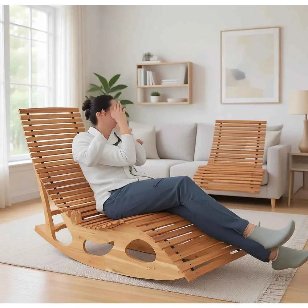 Outdoor Acacia Wood Chaise Lounge, Rocking Chair with High Back, Slatted Seat, 350 Lbs Capacity Sun Lounger