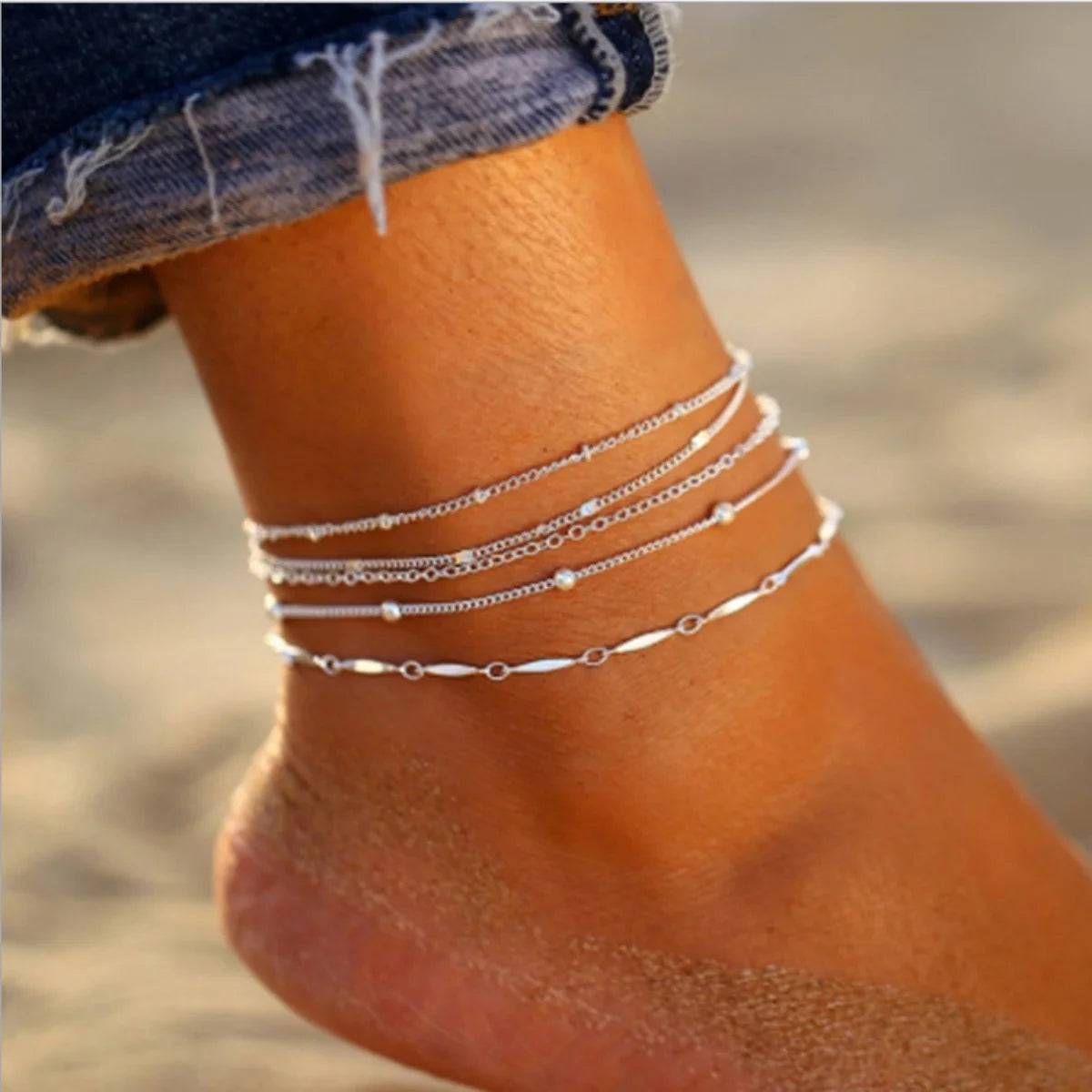 5 Pcs /set Silver plated Stainless Steel Anklet for women, men. Summer Beach Bracelet Accessories.
